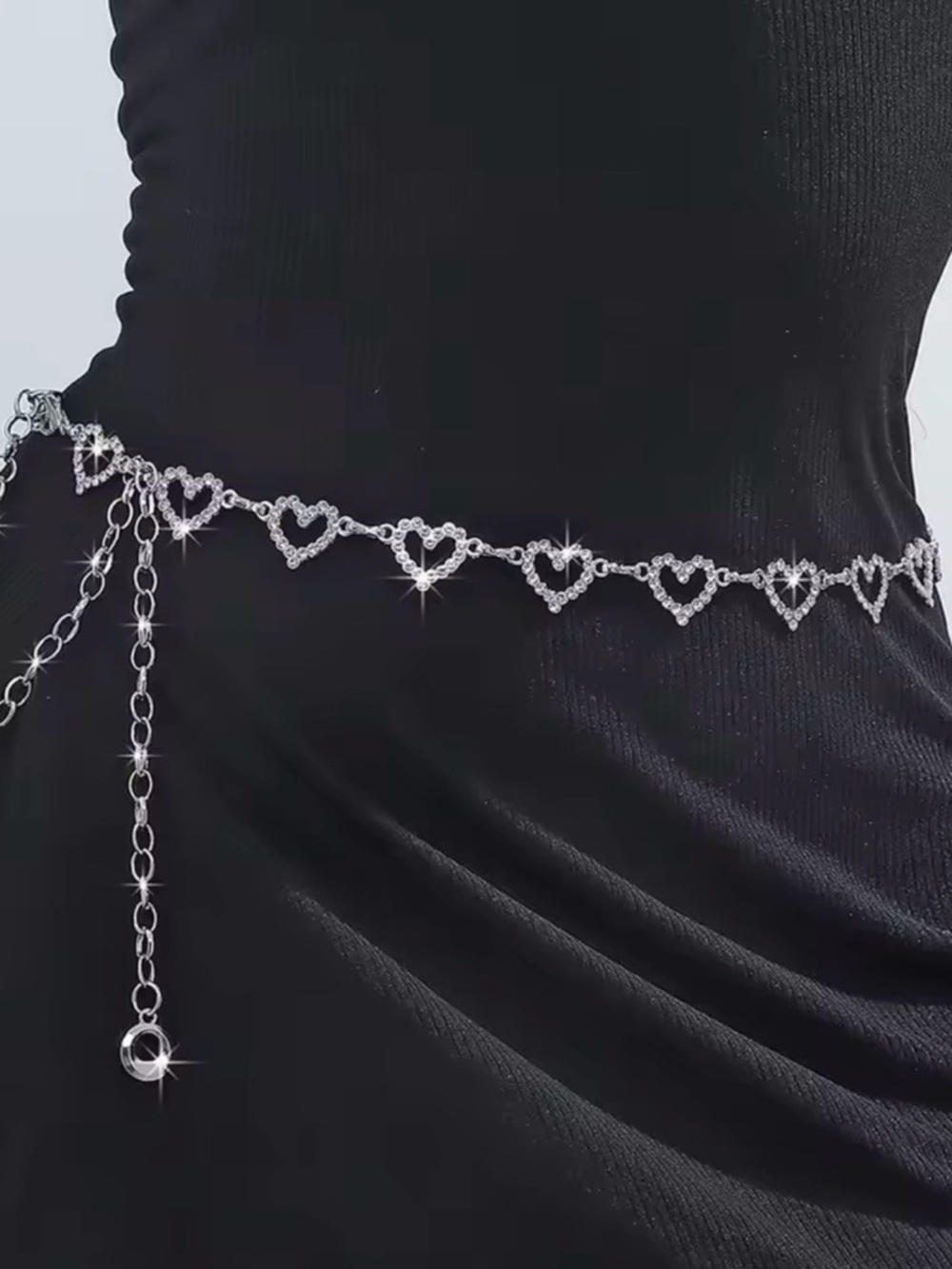 Rhinestone Heart Chain Waist Belt - Silver - Picture 3 of 3